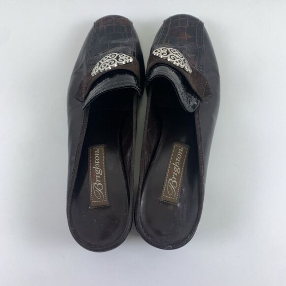 Brighton Avery Heel Mule Brown Croc Leather Slip On Medallion Round Womens 7.5 - Picture 9 of 14